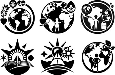Illustrations of world themes including nature, health, travel, and environmental conservation icons rite