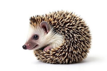 Obraz premium Small hedgehog, curled in a ball, isolated on pure white background, nature, photography, wildlife