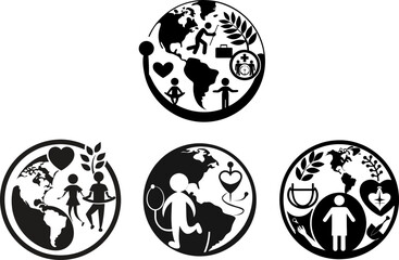 Three oval designs featuring earth and symbols of health care and global community in black and white rite