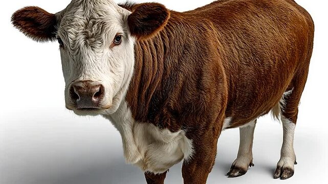 Hereford cow brown and white, looking at camera, standing on white