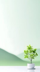 Obraz premium A small potted plant sits on a white surface against a blurred, green landscape background