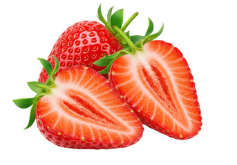 Fresh strawberries with one cut in half isolated on transparent background