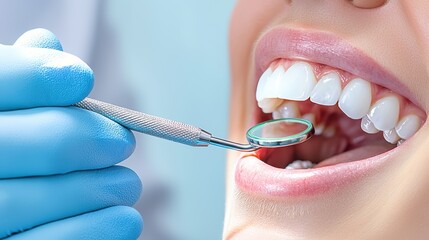 A close-up of a dental examination showing a gloved hand holding a dental mirror, inspecting a patient's bright white teeth.