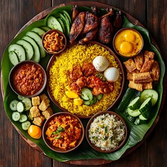 Turmeric Rice Feast:  Southeast Asian Cuisine Platter with Roasted Chicken & Garnishes