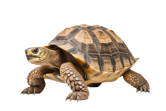 A detailed studio shot of a radiated tortoise with its patterned shell on a transparent background view from front png