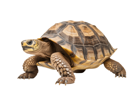 A detailed studio shot of a radiated tortoise with its patterned shell on a transparent background view from front png
