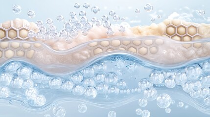 Hydrated skin layers, bubbles, water, skincare, cosmetic ad