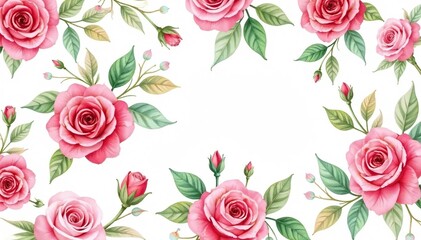 Delicate watercolor roses & leaves, repeating pattern, garden, blossom