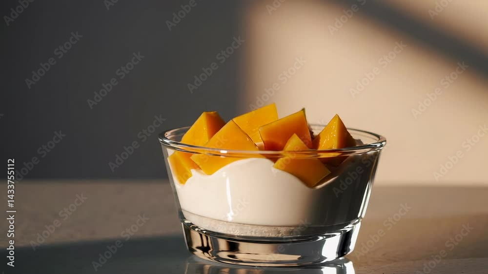 Aufkleber Yogurt with mango chunks in a glass bowl sits on a white surface, illuminated by a window with blinds, creating a play of light and shadows
