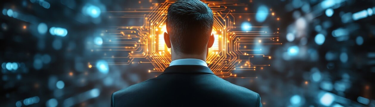 Man facing digital explosion, innovation concept.