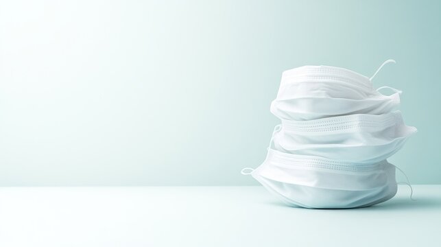 A stack of neatly folded white face masks on a clean minimalistic surface, soft pastel background, and emphasizing hygiene and protection concept.