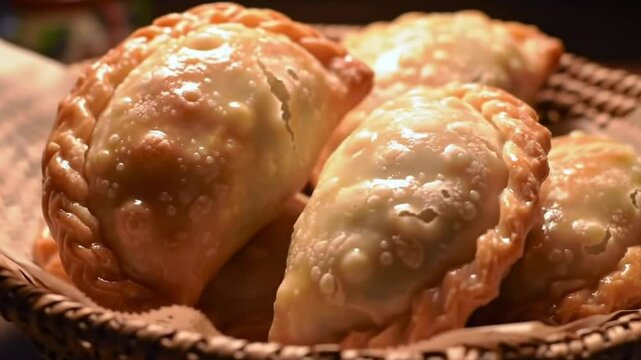 Delicious homemade empanadas recipe for appetizer snack or main course meal video 4k. Short slow-motion video of Argentine empanada