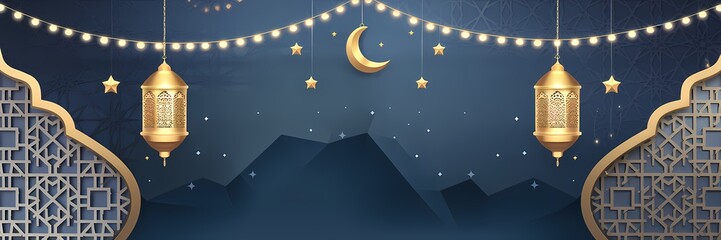 Naklejka premium Mesmerizing Ramadan Background with Deep Blue Gradient Islamic Ornaments Golden Lanterns Soft Glowing Crescent Moon Enhancing Sacred Atmosphere of the Holy Month with Elegant Minimalistic Decorations