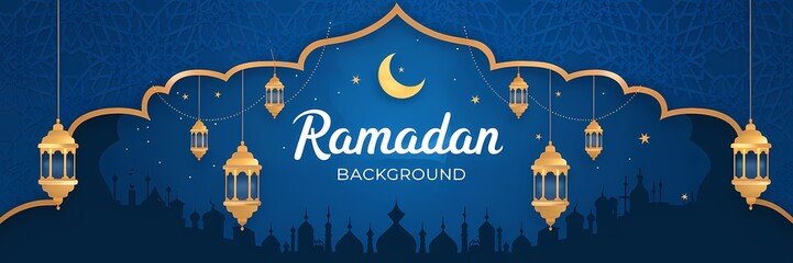 Mesmerizing Ramadan Background with Deep Blue Gradient Islamic Ornaments Golden Lanterns Soft Glowing Crescent Moon Enhancing Sacred Atmosphere of the Holy Month with Elegant Minimalistic Decorations