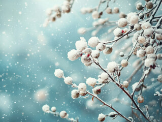 Snow-covered branches with berries du winter snowstorm creating a festive seasonal scene with cold weather and snowflakes falling in the background
