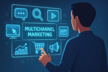 A person interacts with a digital interface showcasing various aspects of multichannel marketing strategies and tools.