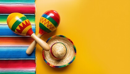 cinco de mayo holiday background made from maracas mexican blanket stripes or poncho serape and hat on yellow background