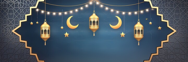 Mesmerizing Ramadan Background with Deep Blue Gradient Islamic Ornaments Golden Lanterns Soft Glowing Crescent Moon Enhancing Sacred Atmosphere of the Holy Month with Elegant Minimalistic Decorations