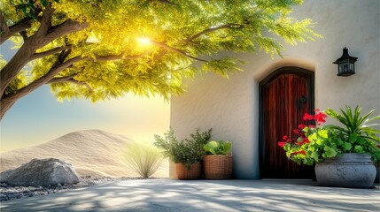Obraz premium Close-up desert homes with Desert-style adobe house with earthen walls and wooden door, authentic desert-style adobe house close-up architecture, unique curved desert-style adobe house under sunlight