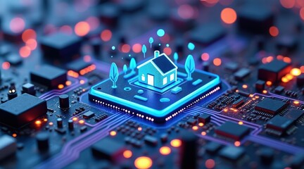 A digital illustration of a house on a circuit board, symbolizing smart home technology and the integration of digital living with modern architecture.