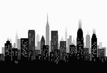 Fototapeta premium Flat minimalist city skyline graphic in black and white, highlighting modern buildings with square windows for contemporary architecture and urban development visuals.