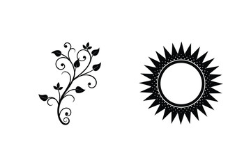 Ornate Floral Branch Design Element And Abstract Starburst Shape Decoration Isolated On White