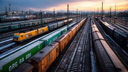Obraz premium Train Yard with Multiple Trains and Railroad Tracks