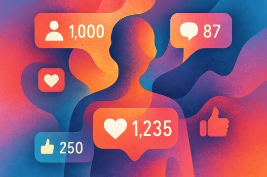 A vibrant digital illustration showing a person surrounded by social media engagement metrics like likes, comments, and followers.