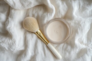 A makeup powder and brush on a white linen cloth  A light beige or ivory powder in a glass jar sits beside a fluffy makeup brush with a gold handle