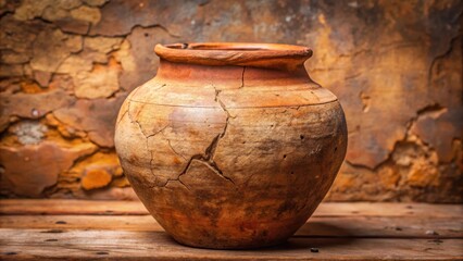 Ancient clay vessel with weathered cracks and worn patina
