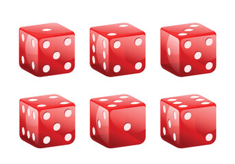 Red dice with white dots. Vector set isolated on white background. 3d dice.