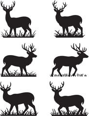 Six Black Silhouettes of Deer in Grass