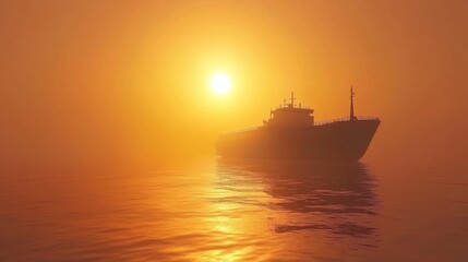Fototapeta premium Distant cargo ship silhouetted against rising sun on hazy ocean horizon