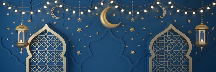Mesmerizing Ramadan Background with Deep Blue Gradient Islamic Ornaments Golden Lanterns Soft Glowing Crescent Moon Enhancing Sacred Atmosphere of the Holy Month with Elegant Minimalistic Decorations