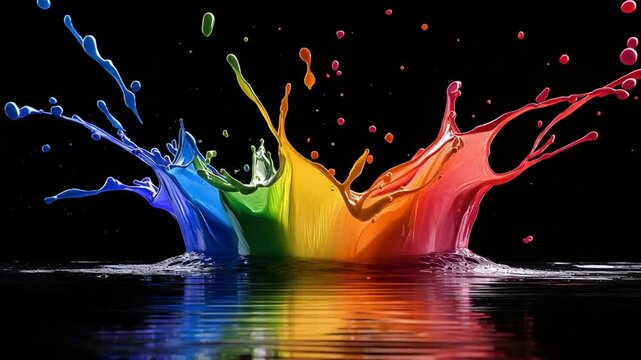 Rainbow Paint Splash: A vibrant explosion of color captured in a stunning macro photograph, showcasing the beauty of liquid dynamics and chromatic brilliance.
