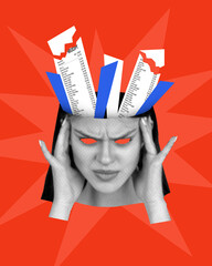 Conceptual art collage. Woman grips head as broken receipts explode symbolizing mental collapse...