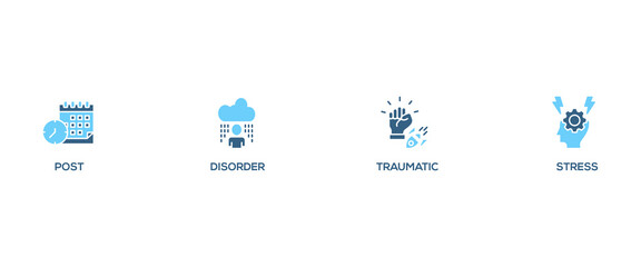PTSD banner web icon set vector illustration concept of post, traumatic, stress and disorder with icon of calendar, time, rocket attack, war, house on flame, headache and disability