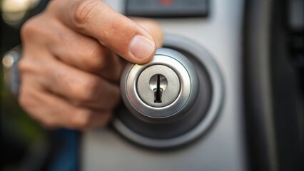 Naklejka premium Hand is turning key in lock cylinder showing security and control in industrial power plant environment