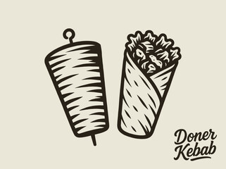 Doner skewer and wrap illustration with text, in vintage vector style