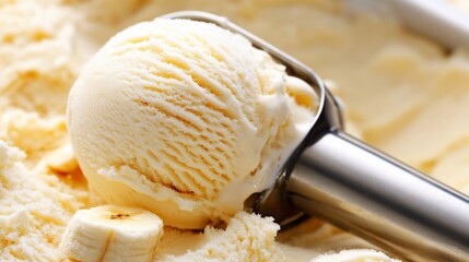 Creamy vanilla ice cream scoop with banana pieces