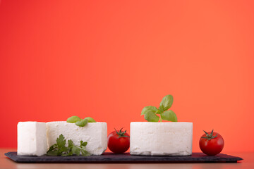 White Cheese with Basil and Cherry Tomatoes on Slate Plate – Studio Shot on Vibrant Orange Background