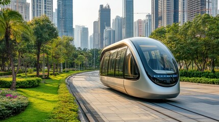 Obraz premium Empty city road with autonomous shuttle moving quietly through clean environment
