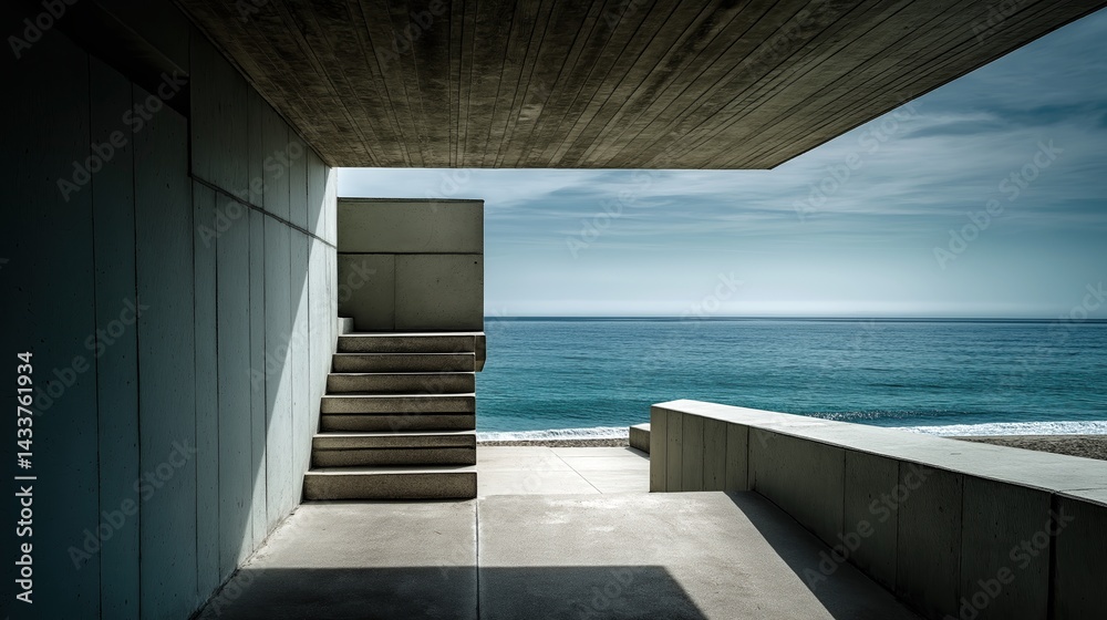 Poster modernist concrete structure with geometric shadows overlooking a calm ocean under clear blue sky