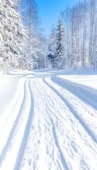 Obraz premium Snow-covered path winds through a sunlit winter forest, tire tracks visible in pristine white snow
