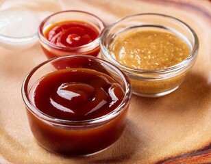 Smokehouse barbecue sauce, ketchup, mustard and mayonnaise in glass bowls