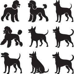 Nine Black Silhouettes of Dogs Poodles and Herding Breeds