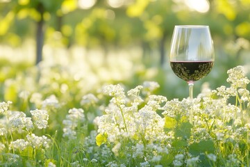 Glass of red wine in a vineyard amongst white flowers Sunlight filters through the greenery