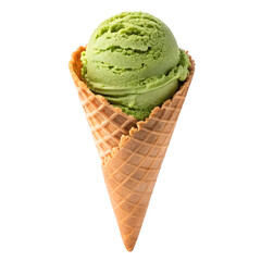 Enjoying refreshing green ice cream in a waffle cone on a sunny day