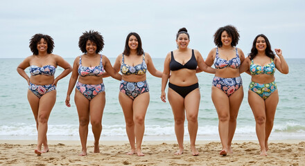 Diverse group of plus size women in bikinis walking on the beach. Body positivity concept style. Confidence, freedom, swimwear fashion and summer lifestyle. For inclusive swimwear Horizontal banner
