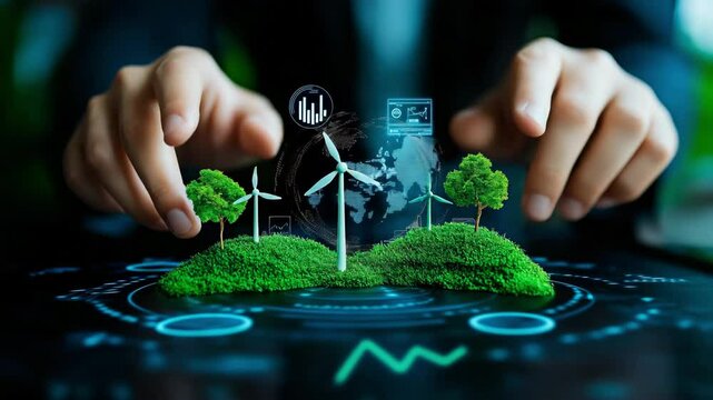 A pair of human hands guide miniature wind turbines and lush micro forests above a glowing digital dashboard. Concept of renewable energy innovation and environmental stewardship.